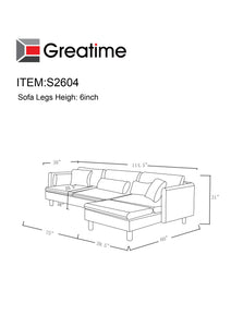 Greatime S2604 Fabric Reversible Sectional Sofa (More Colors Available)